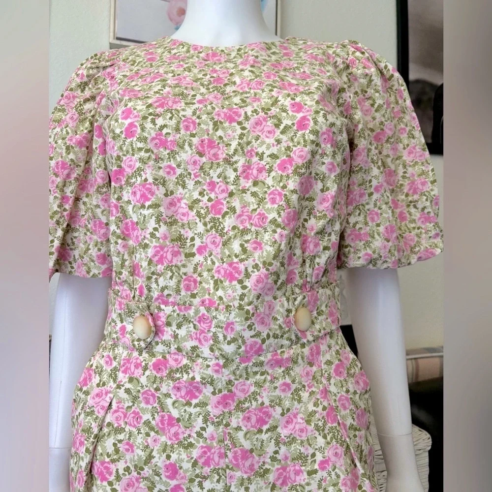 Sézane Claude Jumpsuit Wide Legs Balloon Sleeves Linen/Cotton Pink Green Size 2